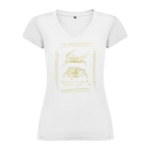 Camiseta Manga Corta Femenina Cuello Pico Serigrafía Oro Pareja de Cangrejos