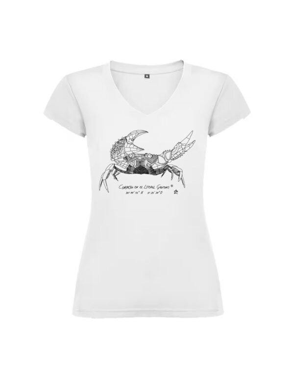 Camiseta Manga Corta Femenina Cuello Pico Serigrafía Blanca o Negra Cangrejo