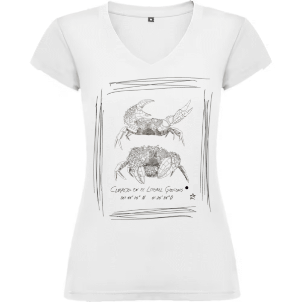 Camiseta Manga Corta Femenina Cuello Pico Serigrafía Blanca o Negra Pareja de Cangrejos