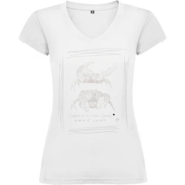 Camiseta Manga Corta Femenina Cuello Pico Serigrafía Plata Pareja de Cangrejos