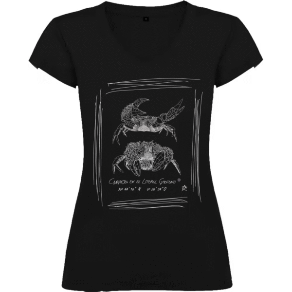 Camiseta Manga Corta Femenina Cuello Pico Serigrafía Blanca o Negra Pareja de Cangrejos - Imagen 2