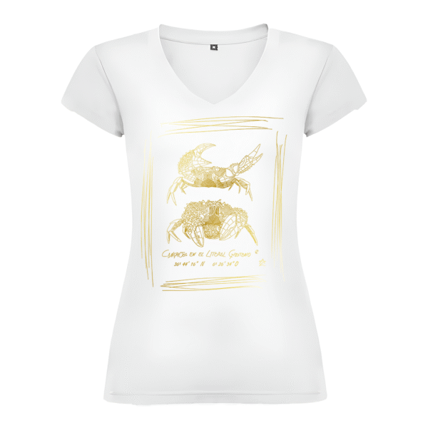 Camiseta Manga Corta Femenina | Cuello Pico | Pareja de Cangrejos dorado