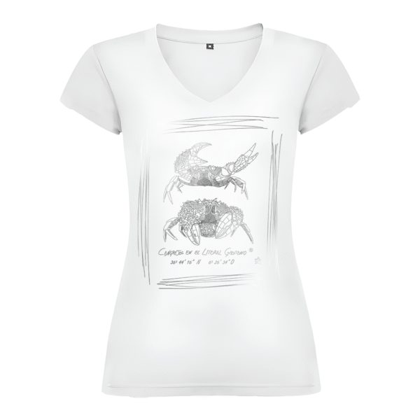 Camiseta Manga Corta Femenina | Cuello Pico | Pareja de Cangrejos plata
